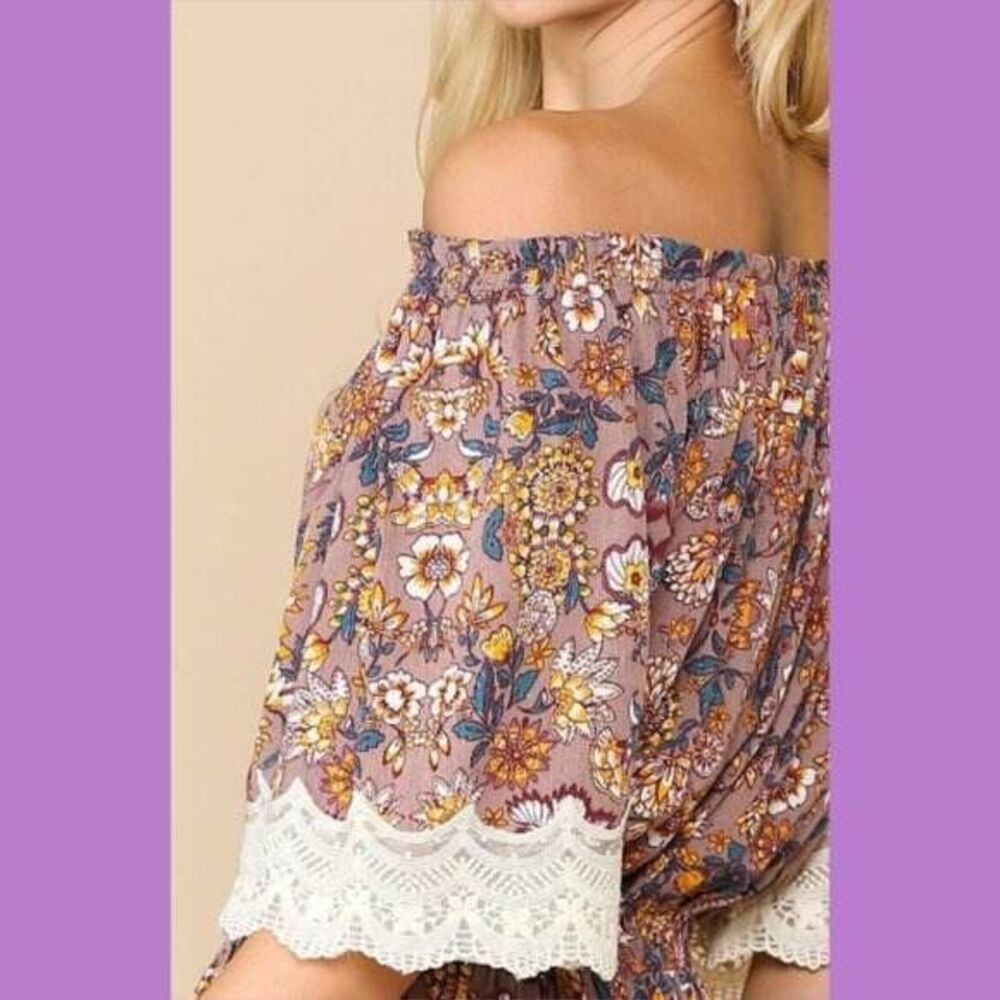 New GIGIO M 8 10 Pull-on Rayon Gauze Floral Lavender Crochet Sleeve Romper - Picture 4 of 7